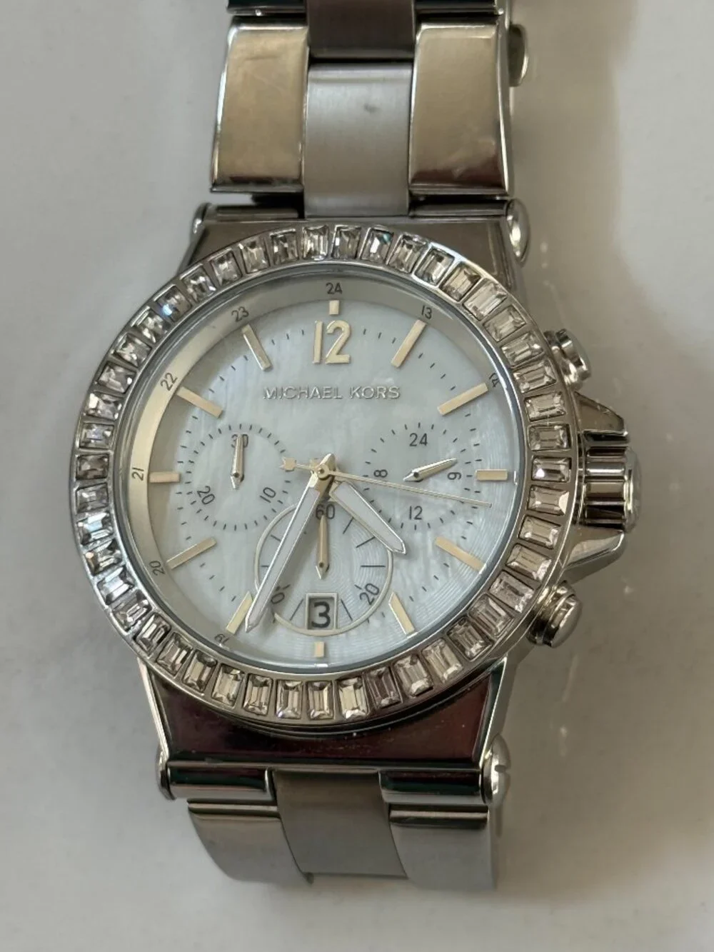 Michael Kors MK5411 Dylan Crystal Bezel Mother of Pearl Silver Chronograph Watch